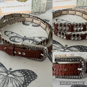 Western Belt Brown with Silver crystal Rhinestone faux leather medium 36”-38”